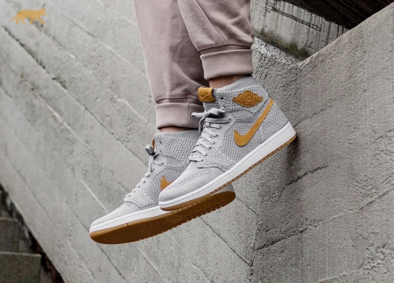 Nike air jordan 1 retro high outlet flyknit wolf grey e amp; golden harvest